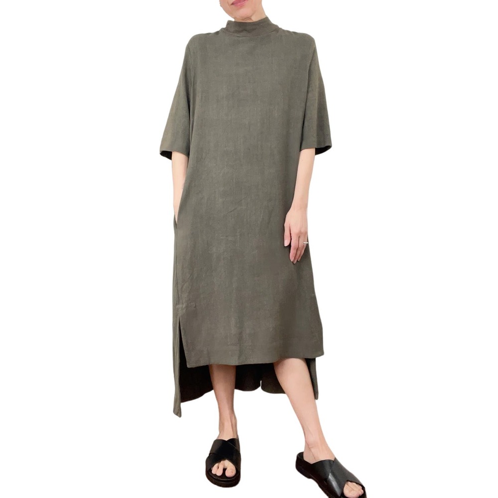 7115 by Szeki Mock Neck Midi Dress Cotton/Linen Olive Green Medium